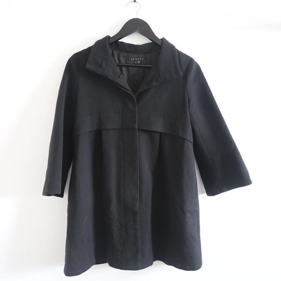 𝅺THEORY Loris Craze Black Drapery Coat Jacket Button Down Womens Size Small - Picture 2 of 6